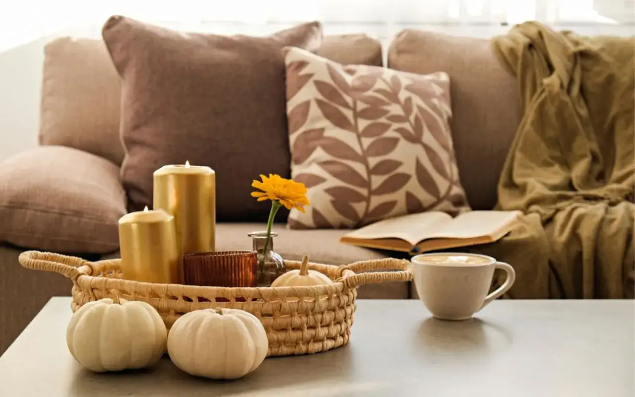 Cesta con piñas, velas doradas, calabazas y una taza de café, perfecta para el otoño.