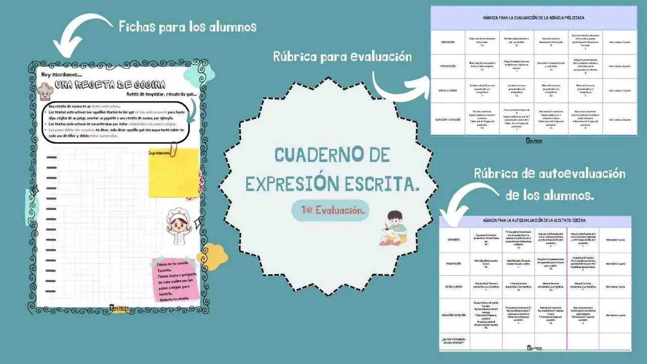 Cuadernillo de expresi&oacute;n escrita para imprimir, con actividades sobre recetas de cocina y r&uacute;bricas de evaluaci&oacute;n.