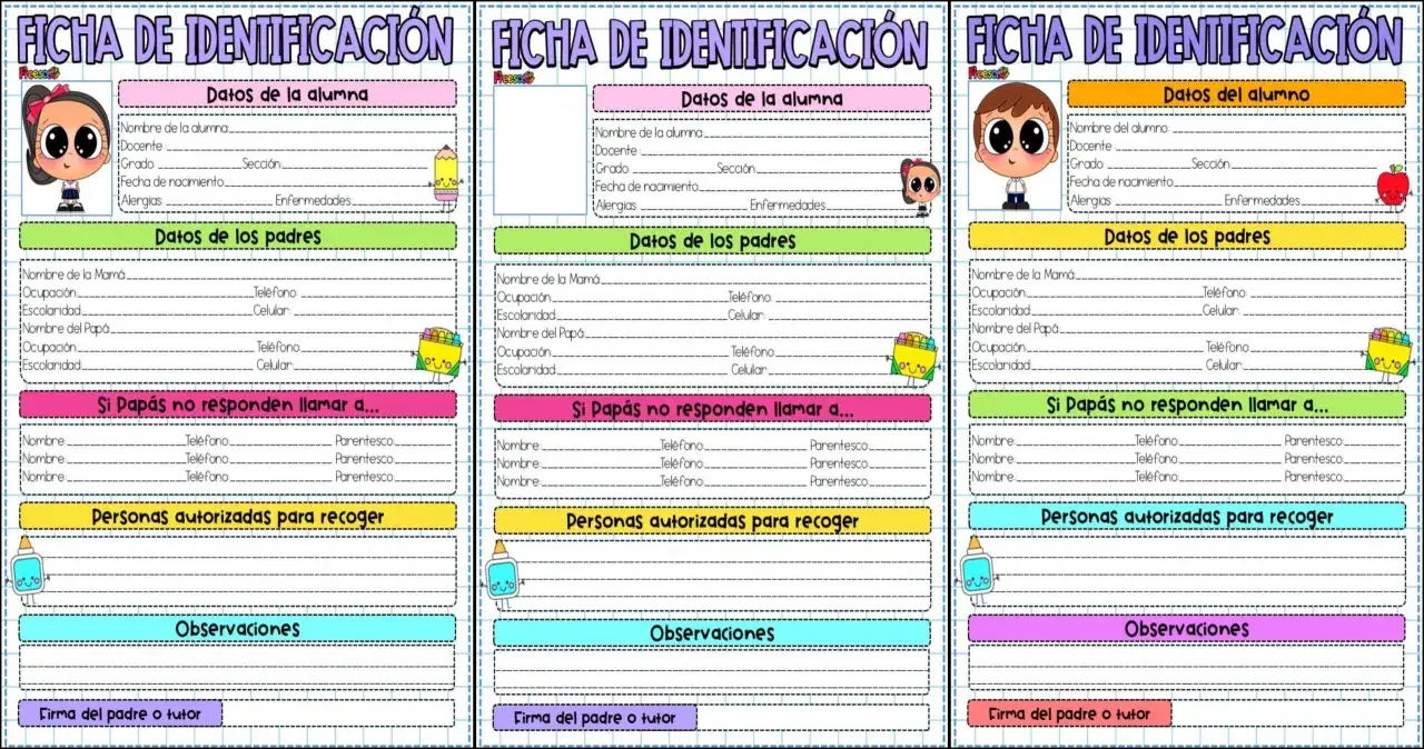 Ficha alumno: formulario para datos de estudiantes, padres y contactos de emergencia. Incluye secciones para información personal, médicas y de recogida.