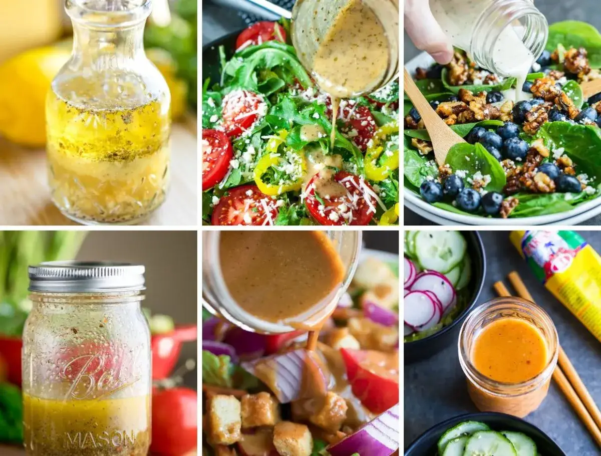 Kollage med olika sallader och dressingar. Ett recept på salladsdressing kan vara en bra idé för att lyfta din måltid.