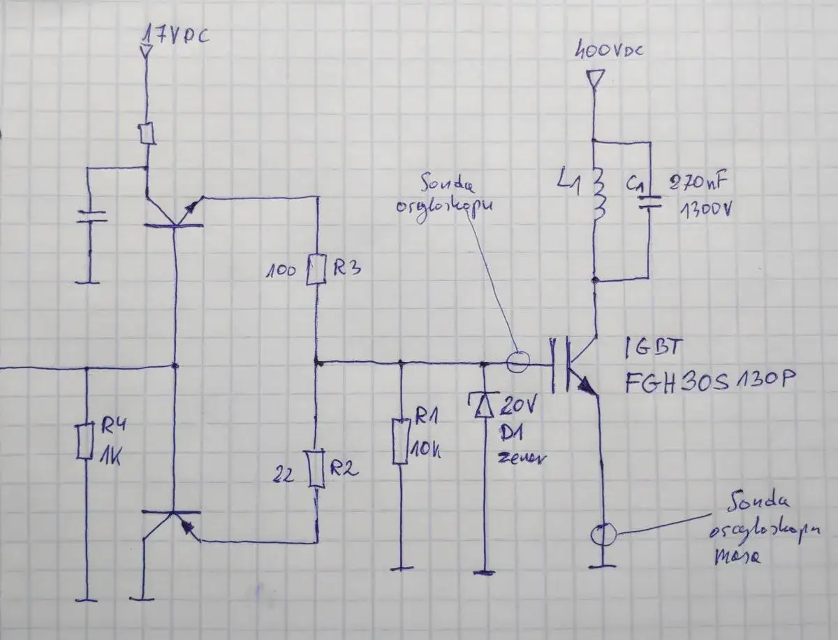 Schemat z dławikiem L1, kondensatorem C1, tranzystorem IGBT i sondami oscyloskopu.