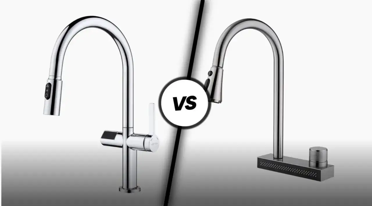 Comparing a shiny chrome faucet with a pull-down sprayer to a brushed nickel faucet with a side sprayer.