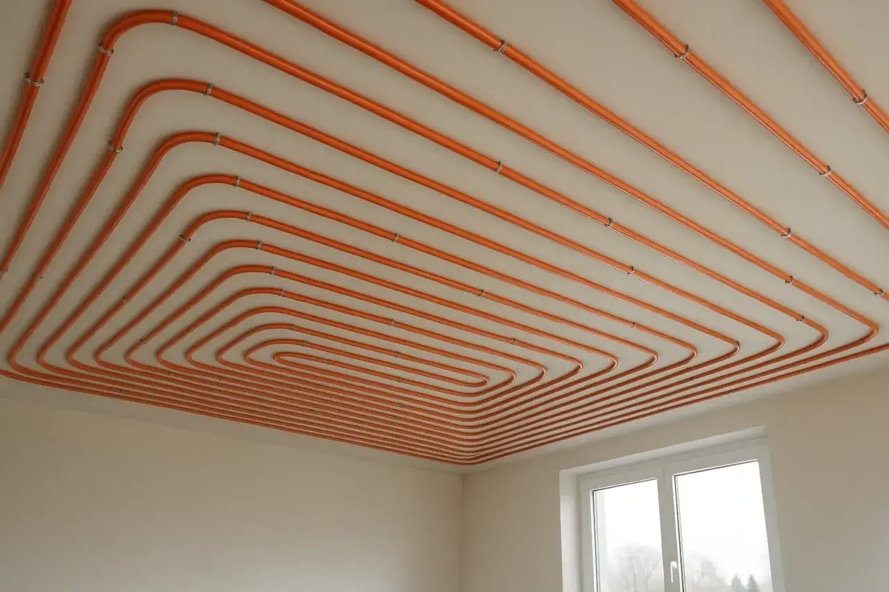 Système de chauffage par plafond rayonnant avec tuyaux orange formant un motif en spirale.