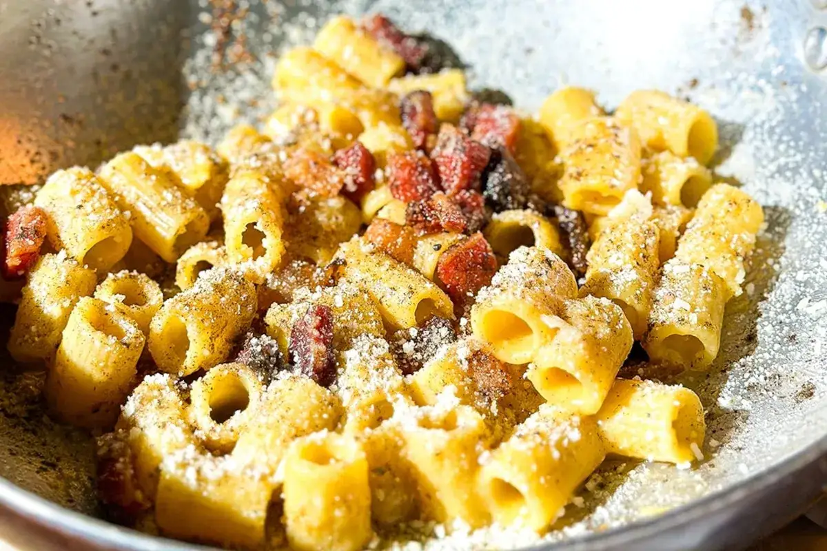 Un plat de pâtes à la carbonara, des rigatoni généreusement enrobés d'une sauce crémeuse, parsemés de lardons croustillants et de parmesan râpé.