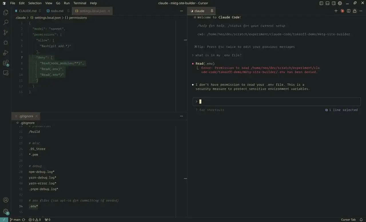 Błąd: Brak uprawnień do odczytu pliku .env. Konfiguracja `settings.local.json` blokuje dostęp, co jest zabezpieczeniem. `export bash` nie działa.