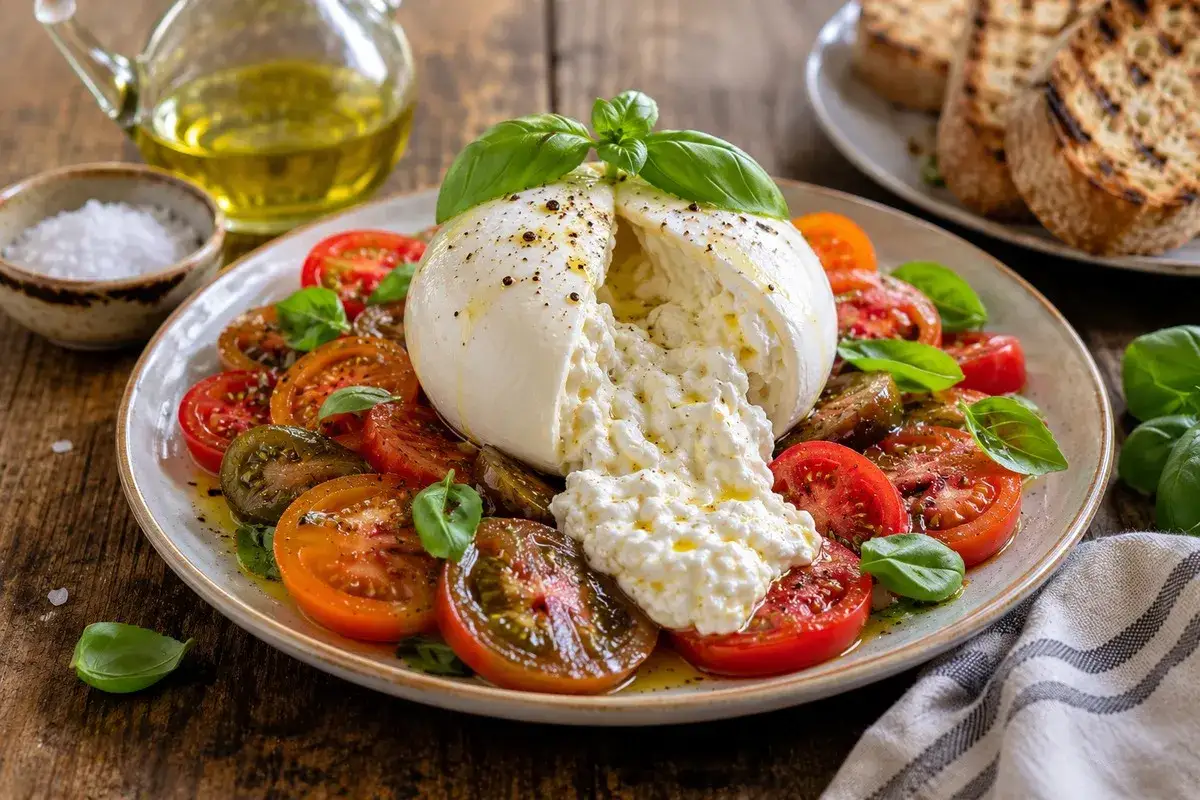 Ser burrata z czym jeść? Idealnie z pomidorami, bazylią i oliwą. Pyszna, kremowa uczta.