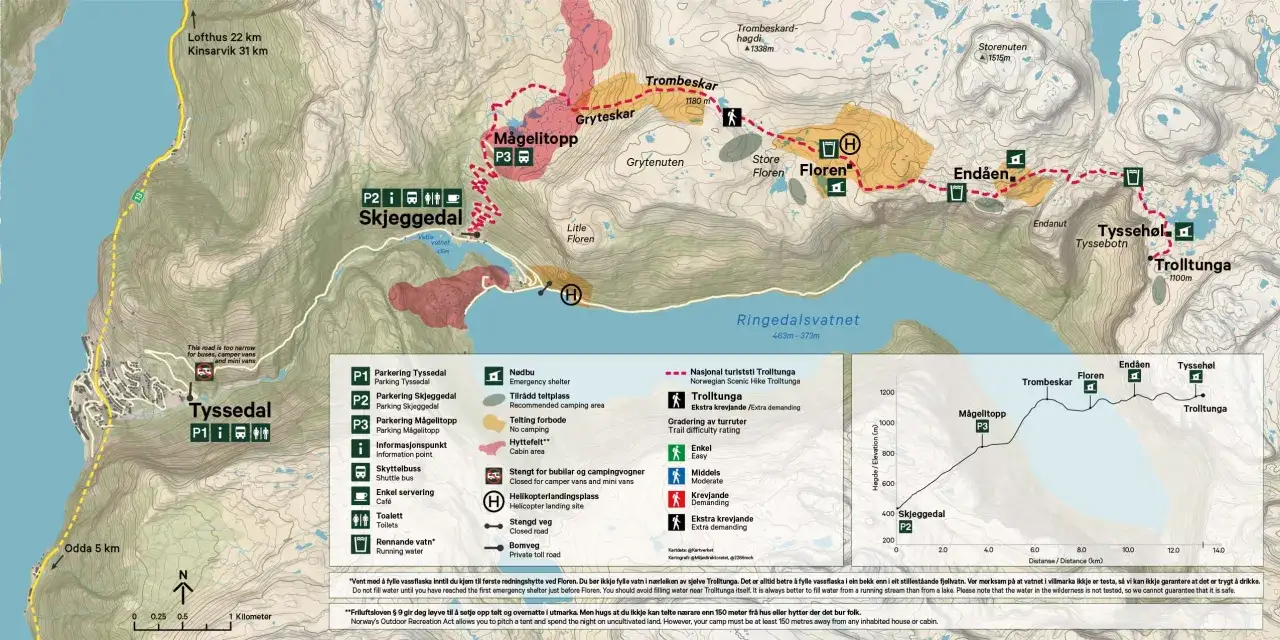 Karta &ouml;ver trolltunga vandring med leder, parkeringar och sev&auml;rdheter. En kr&auml;vande men bel&ouml;nande tur.