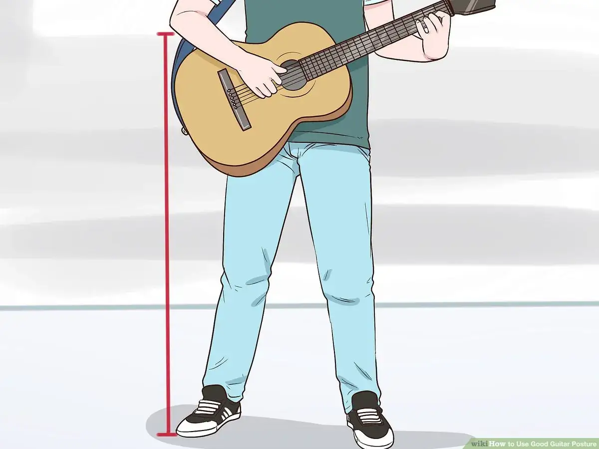 Person h&auml;lt eine Gitarre. Die rote Linie zeigt die richtige K&ouml;rpergr&ouml;&szlig;e f&uuml;r das Gitarre halten.