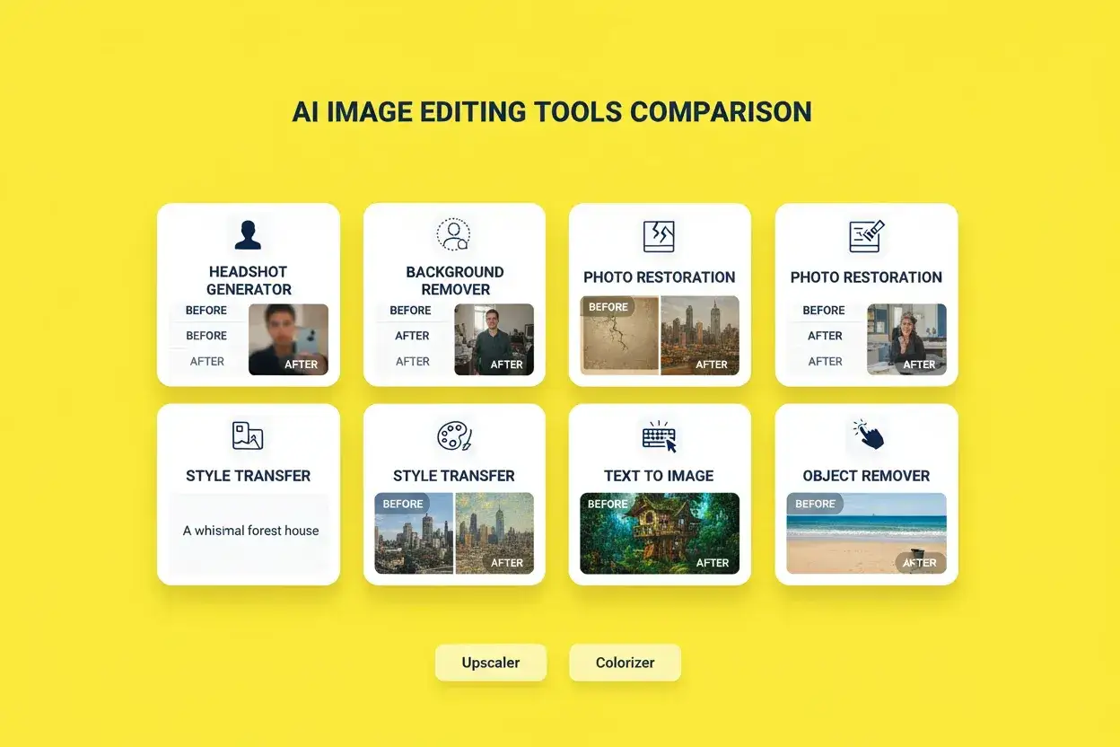 Porównanie narzędzi do edycji zdjęć: program AI do zdjęć generuje portrety, usuwa tło, odnawia stare fotografie, zmienia styl, tworzy obrazy z tekstu i usuwa obiekty.