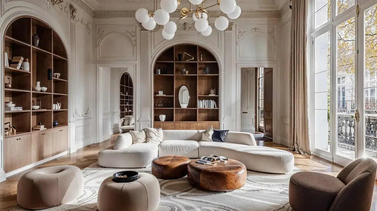 A modern living room with traditional interior design elements, featuring a curved sectional sofa, wooden coffee tables, and arched built-in shelving.
