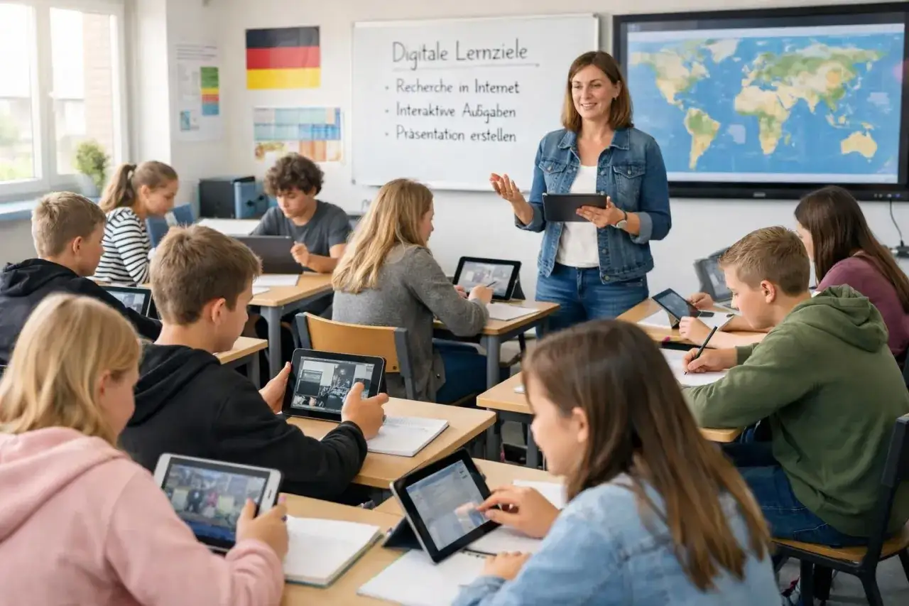 Lehrerin erkl&auml;rt digitale Lernziele. Sch&uuml;ler arbeiten mit Tablets, fast wie im Traum, wo man Hausaufgaben abschaffen k&ouml;nnte.