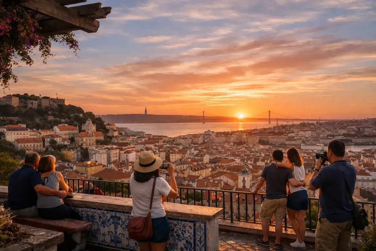 One day in Lisbon, tourists capture a breathtaking sunset over the city's rooftops and the Tagus River, with a bridge in the distance.