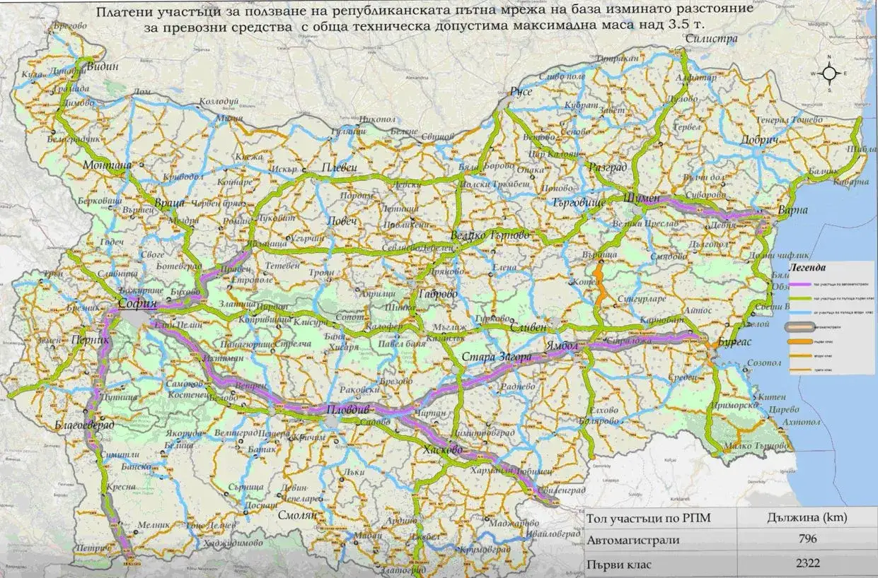 Mapa Bułgarii z zaznaczonymi płatnymi odcinkami dr&oacute;g dla pojazd&oacute;w o masie powyżej 3.5 tony. Winieta Bułgaria.