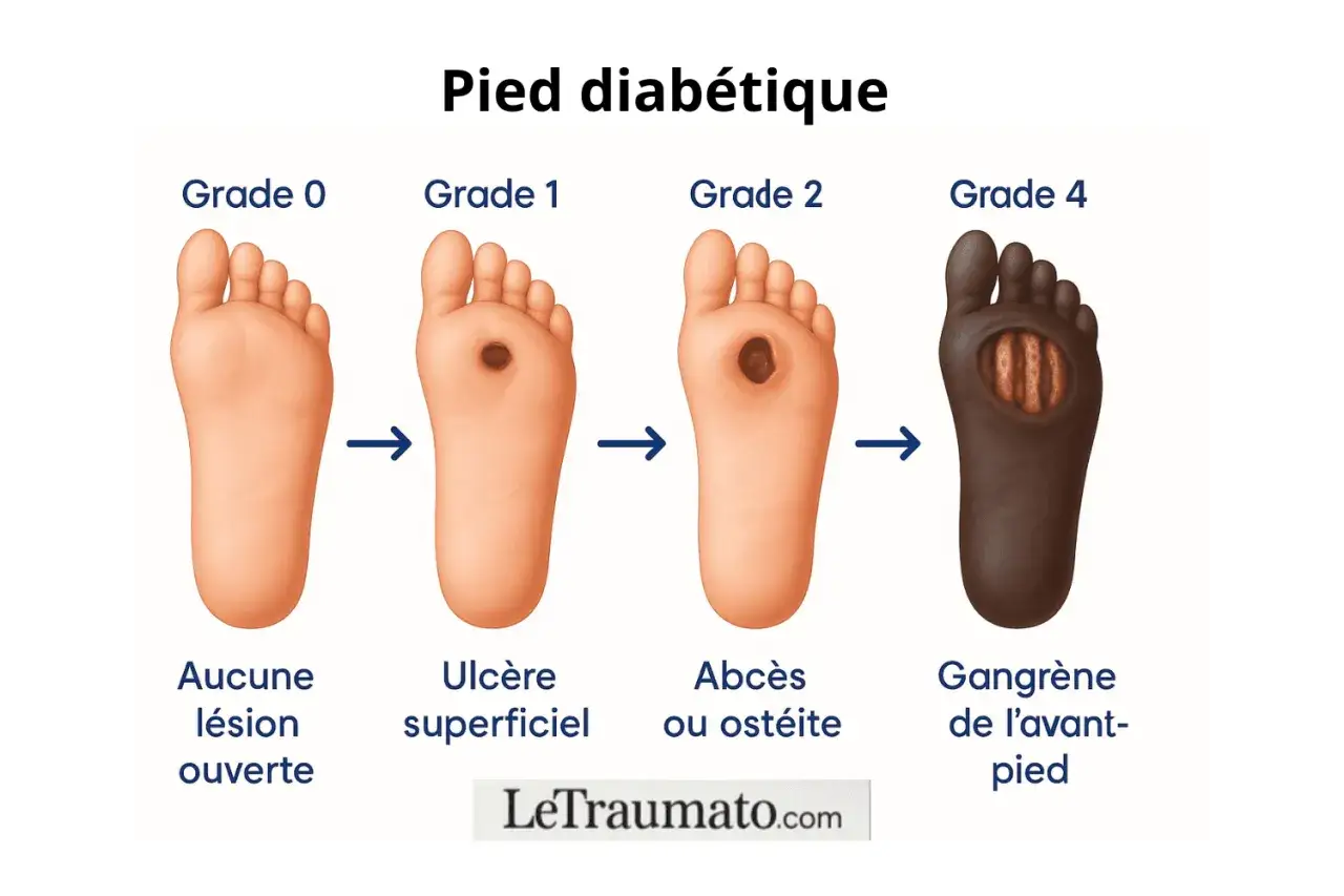 Illustration des stades du pied diabétique, de l'absence de lésion à la gangrène. Essentiel pour les soins pédicure diabète type 2.