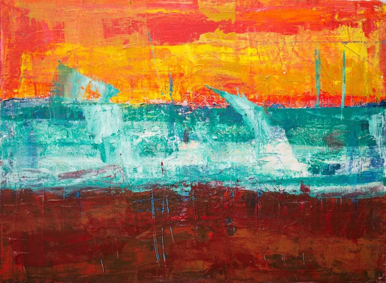 Abstract painting no. 6 features bold strokes of violet, green, and red, evoking a vibrant sunset over a turbulent sea.