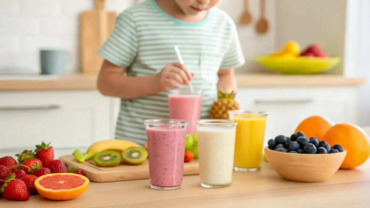 Dziecko przygotowuje pyszny koktajl dla dzieci. Na stole truskawki, banan, kiwi, borówki i pomarańcze.