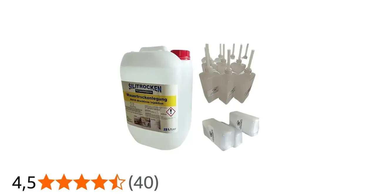 Großer Behälter mit Mittel zur Mauertrockenlegung durch drucklose Injektion, dazu mehrere kleine Spritzen. Ideal, wenn Sie eine Bohrlochinjektion selber machen möchten.