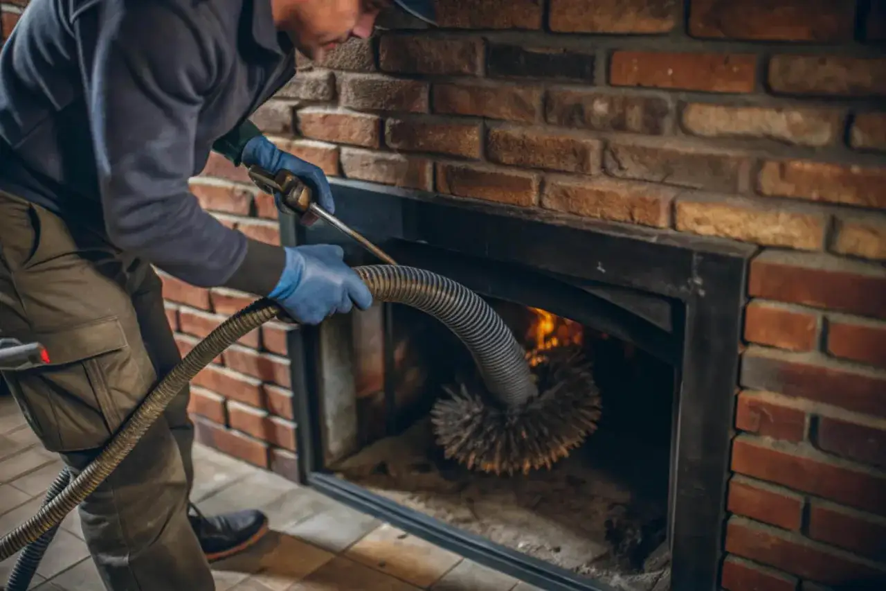 Un professionnel effectue le ramonage d'un poêle à bois, utilisant une brosse rotative pour nettoyer la suie.