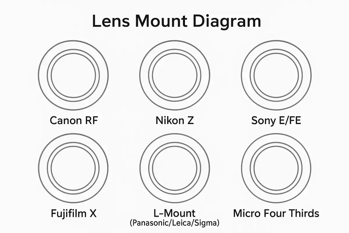 Schemat mocowań obiektywów: Canon RF, Nikon Z, Sony E/FE, Fujifilm X, L-Mount (Panasonic/Leica/Sigma), Micro Four Thirds.