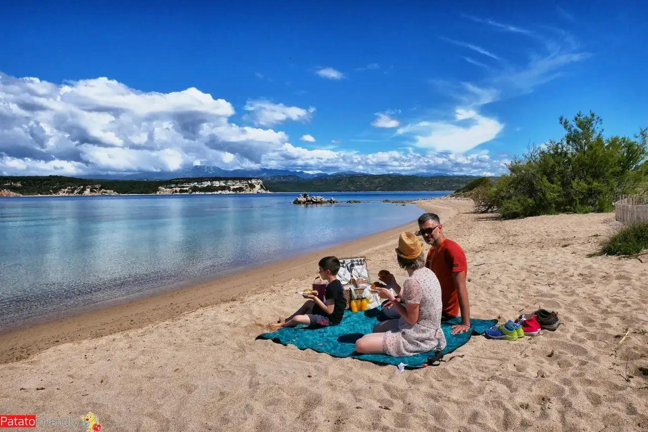 Famiglia in picnic su una spiaggia della Corsica con bambini, godendosi il mare azzurro e il sole.