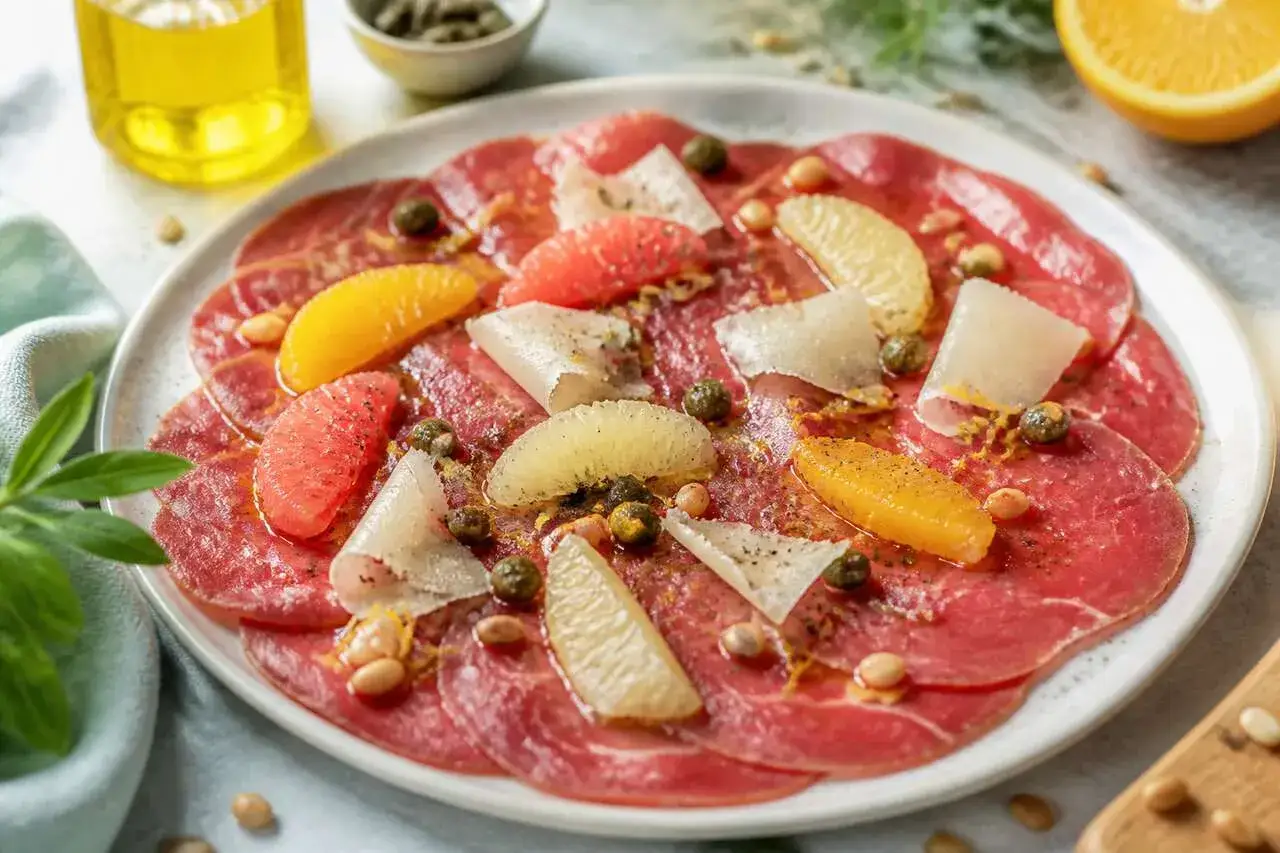 Carpaccio de bœuf finement tranché, garni de quartiers d'agrumes, câpres, copeaux de parmesan et pignons. Un accompagnement carpaccio de boeuf frais et coloré.