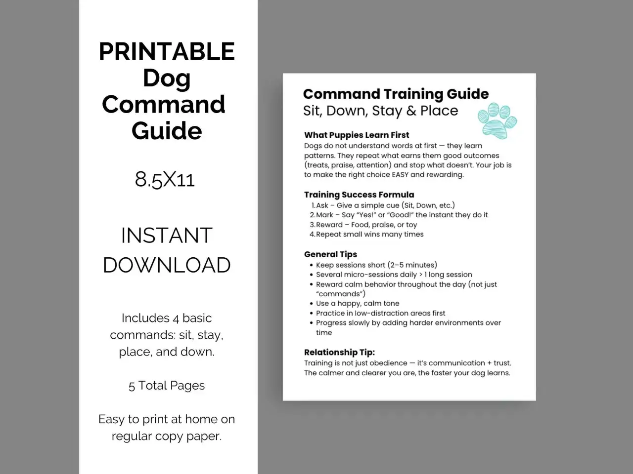Guide d'entraînement pour chien : liste ordre assis, couché, reste, place. Facile à imprimer.