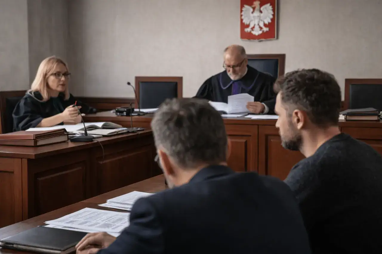 Sąd rozpatruje wniosek o tymczasowe aresztowanie. Sędzia, prokurator i obrońca pochylają się nad dokumentami.