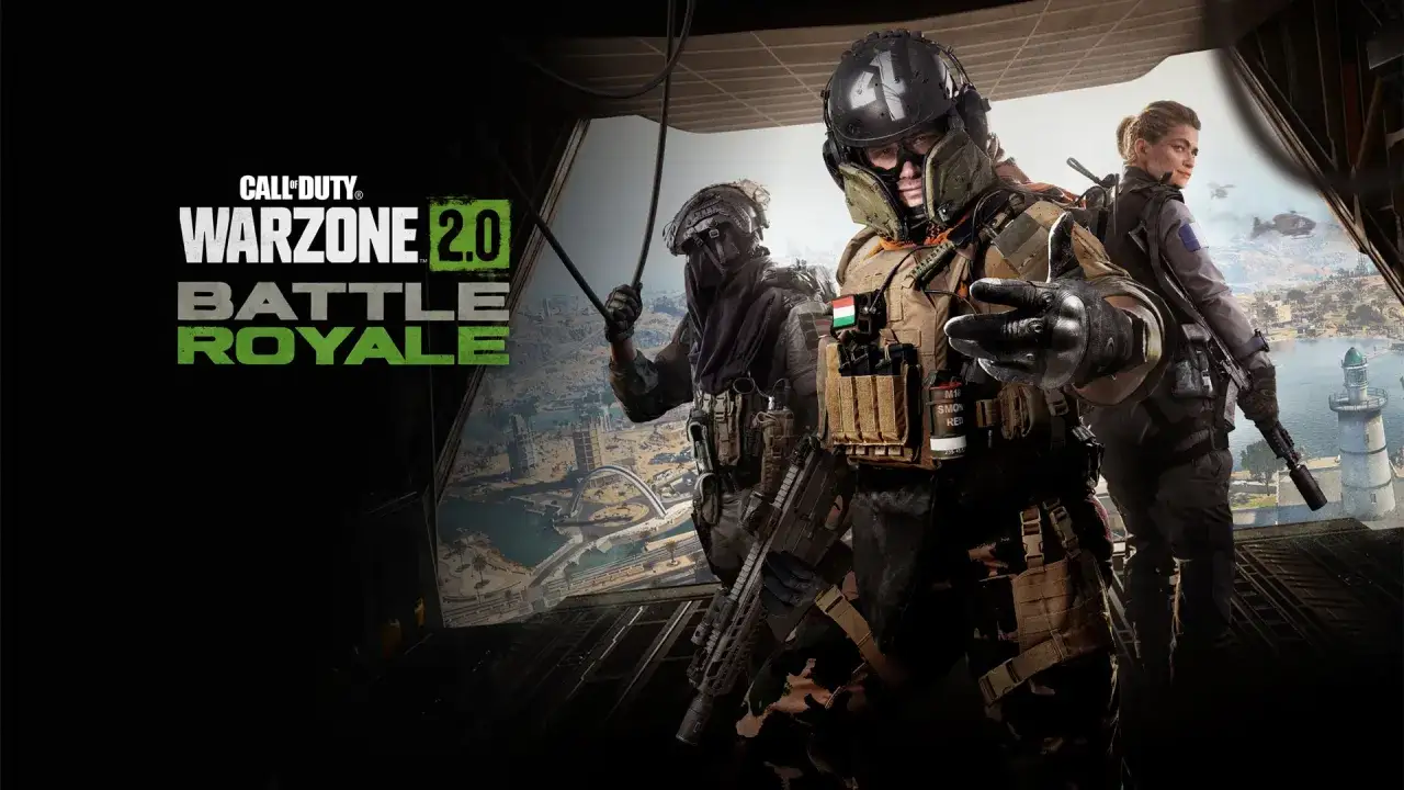 Trzech żołnierzy w pełnym rynsztunku bojowym, gotowych do akcji w **Warzone 2**. W tle widać mapę z budynkami i helikoptery.