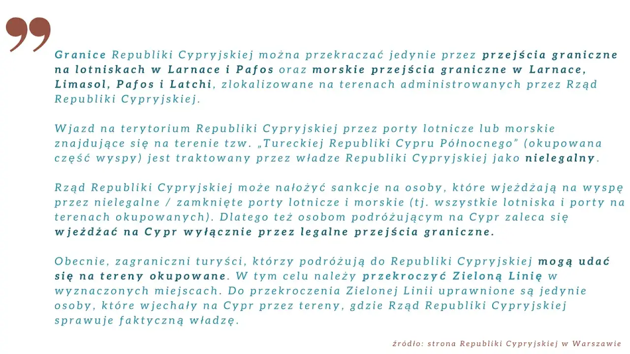 Informacje o przekraczaniu granic Republiki Cypryjskiej. Wjazd na tereny okupowane jest nielegalny. Podróżuj legalnie na Cypr.