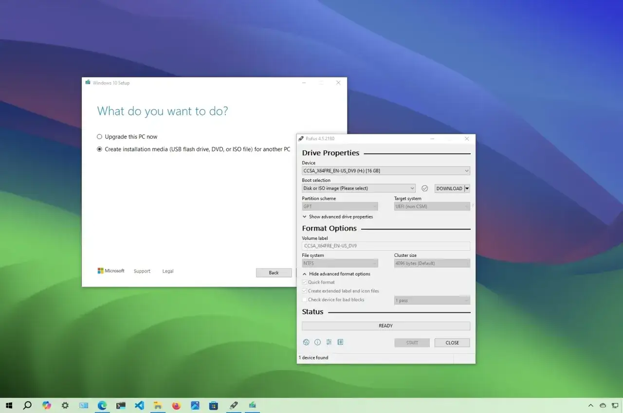 Tworzenie pendrive startowego Windows 10 za pomocą programu Rufus. Wybrano opcję 