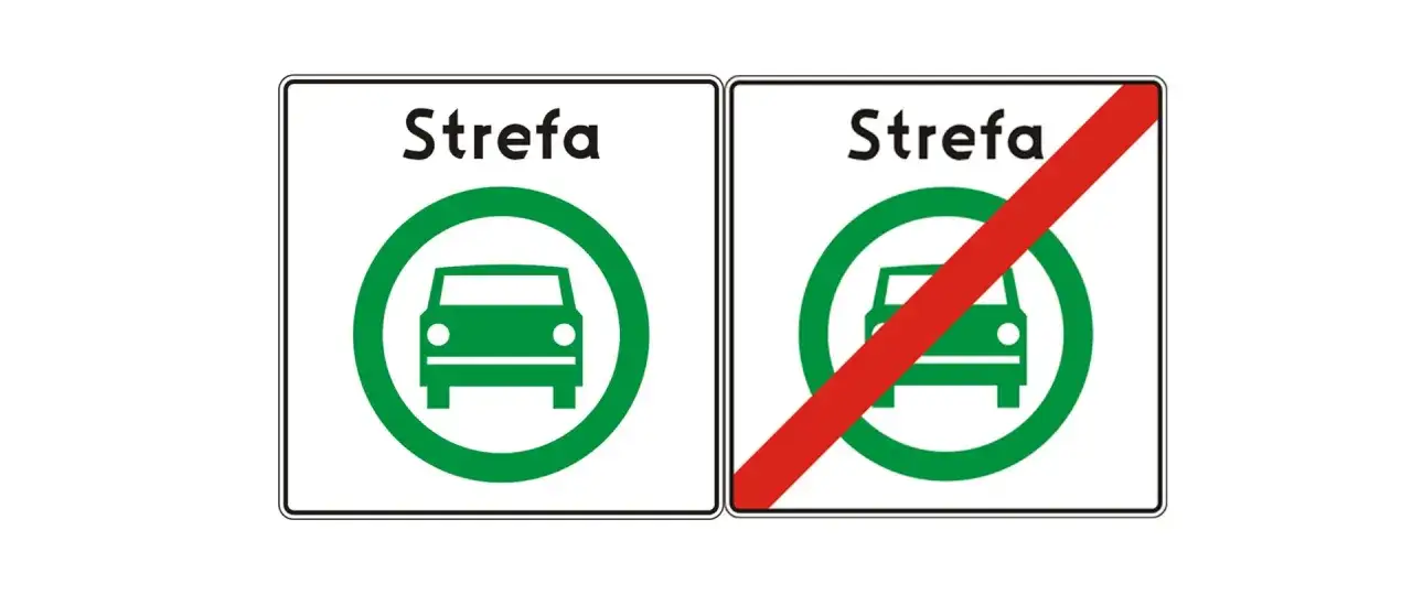 Nowe znaki drogowe: Strefa ruchu samochodowego i koniec strefy.