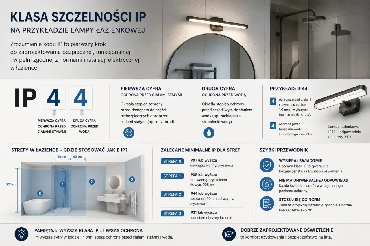 Lampa łazienkowa IP44, chroniąca przed ciałami stałymi i bryzgami wody, idealna do stref 2 i 3.