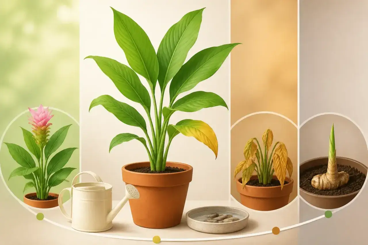 Cycle de vie du curcuma en pot : de la floraison &agrave; la germination, avec arrosage et d&eacute;clin.