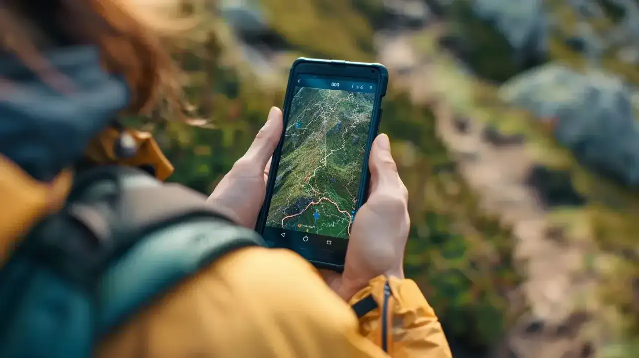 Osoba trzyma smartfon z mapą szlak&oacute;w Tatr. Aplikacja nawigacyjna pomaga w wędr&oacute;wce po g&oacute;rach.