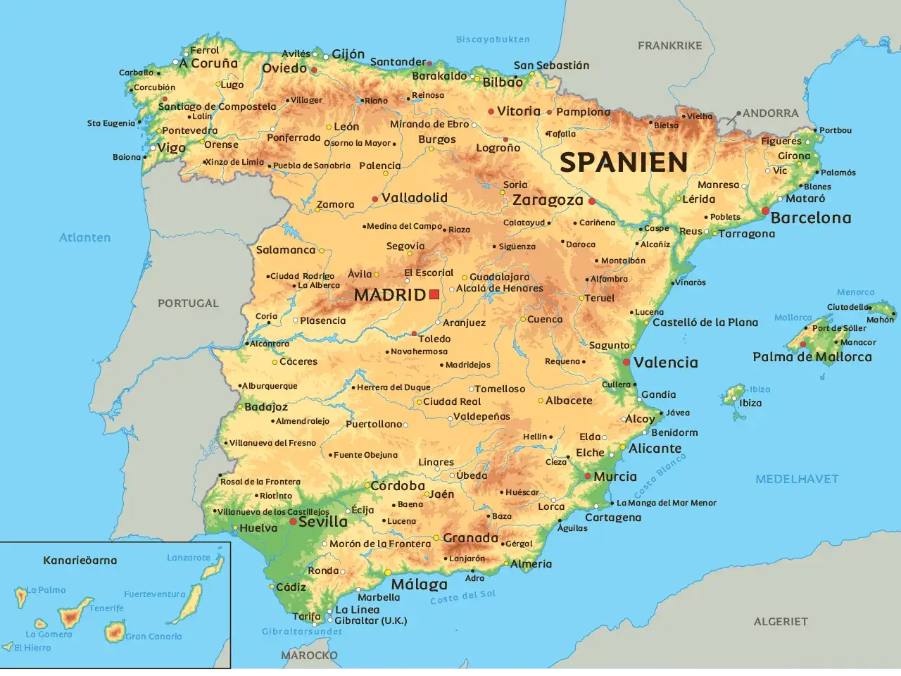 Spanien: karta med st&auml;der och topografi. En bra &ouml;verblick f&ouml;r att f&ouml;rst&aring; Spaniens **spanien temperatur &aring;ret runt**.
