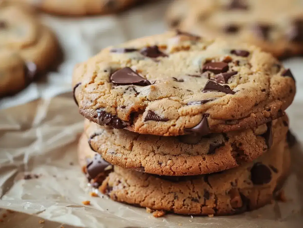 En hög med saftiga chocolate chip cookies, perfekt bakade med smält choklad.