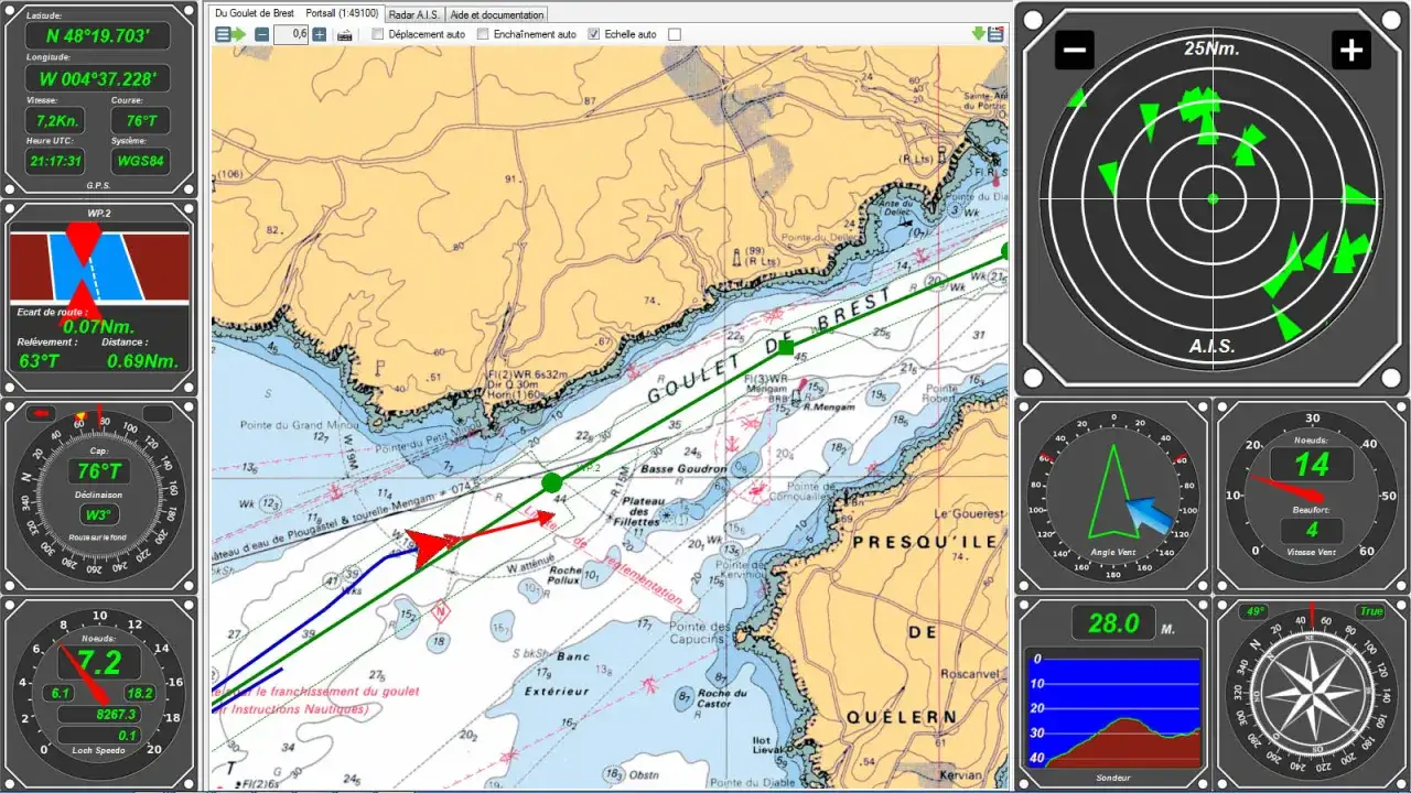 Logiciel de navigation pour PC affichant une carte marine du Goulet de Brest, avec radar, AIS et instruments de bord.