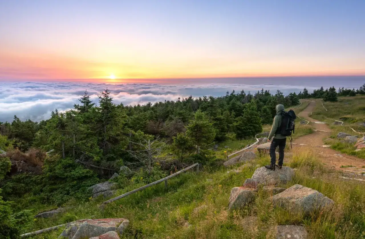 Wanderer auf einem Pfad mit Blick auf ein Wolkenmeer im Harz bei Sonnenaufgang.