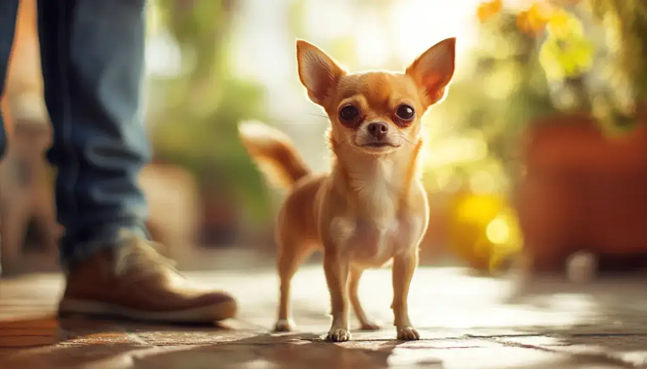 Mały, rudy chihuahua stoi na chodniku. Zastanawiasz się, ile waży chihuahua? Ten maluch jest lekki jak pi&oacute;rko!