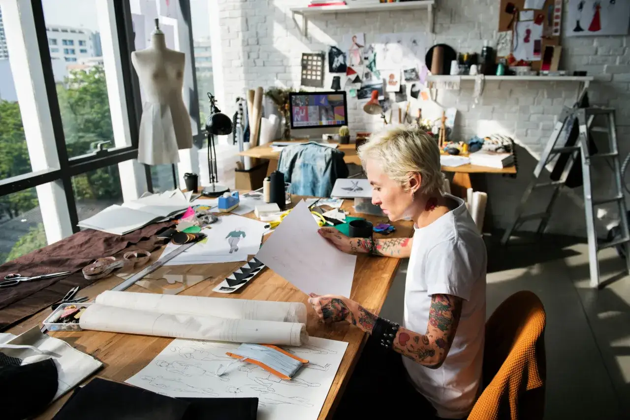 A fashion designer works on sketches in a bright studio, showcasing what an artist residency might look like for a creative.
