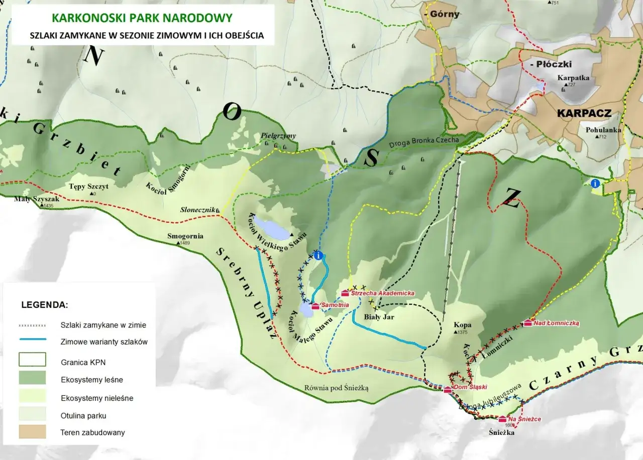 Mapa Karkonoszy z zaznaczonymi szlakami. Czerwone linie oznaczają, czy szlaki turystyczne są otwarte zimą.