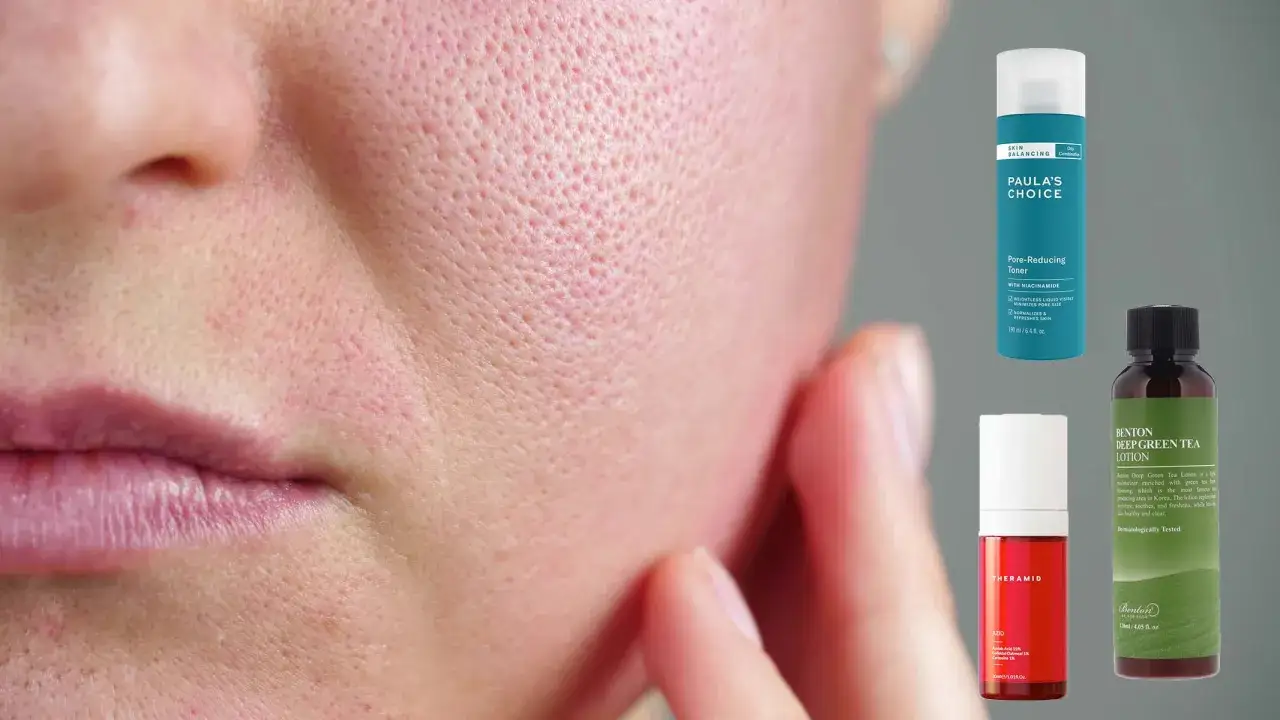 Gros plan sur la peau avec des pores visibles, à côté de produits de soin conçus pour aider à comment resserrer les pores.