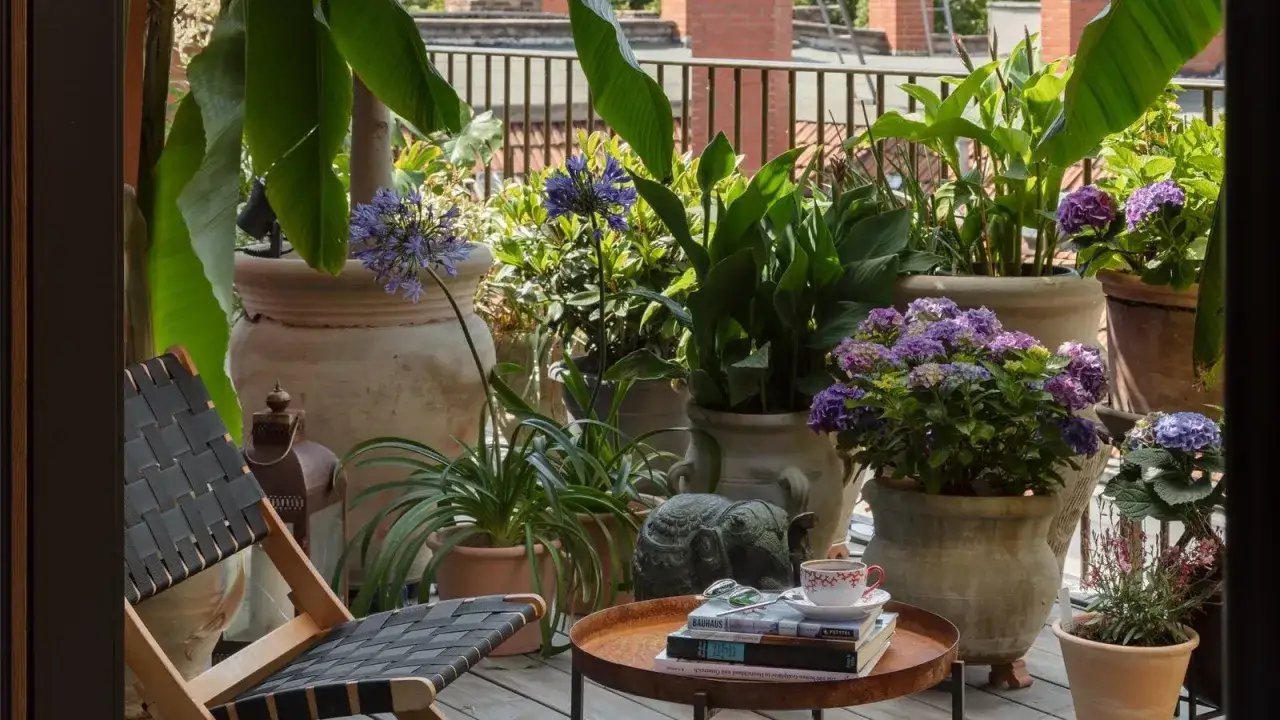 Un coin détente sur un balcon luxuriant, avec une plante verte extérieur, des hortensias violets et une tasse de café.