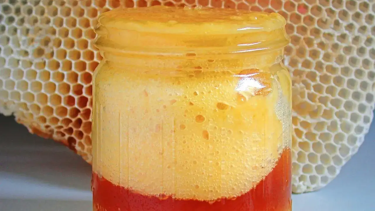 Glas mit Honig und Schaum, daneben Waben. Der Honig schimmelt leicht, was sich in der schaumigen Schicht zeigt.