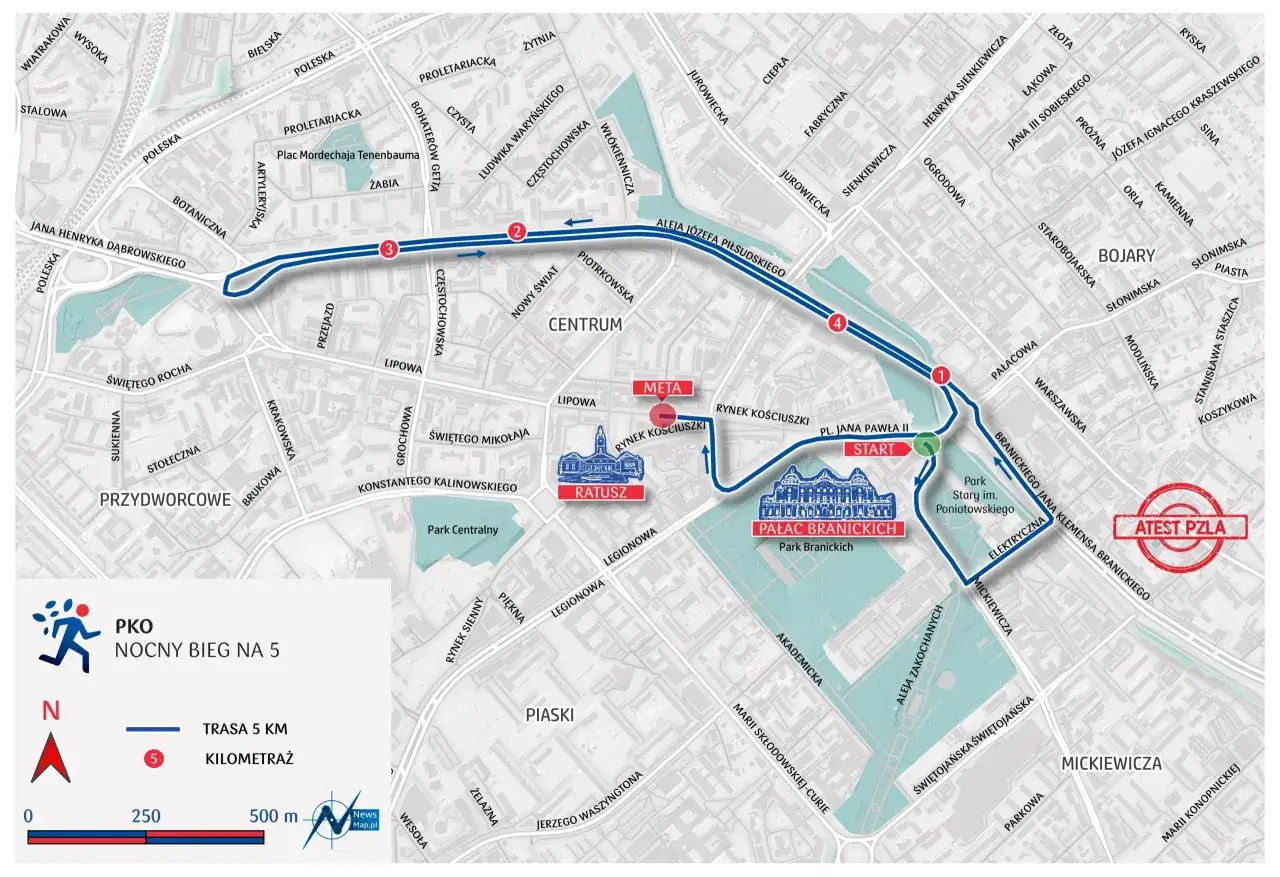 Mapa trasy PKO Nocny Bieg na 5. Trasa ma 5 km. Start przy Placu Jana Pawła II, meta przy Rynku Kościuszki.
