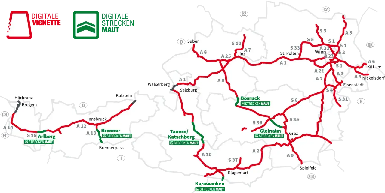 Mapa Austrii z zaznaczonymi drogami płatnymi. Cyfrowa winieta Austria 2025 – planuj podróż!