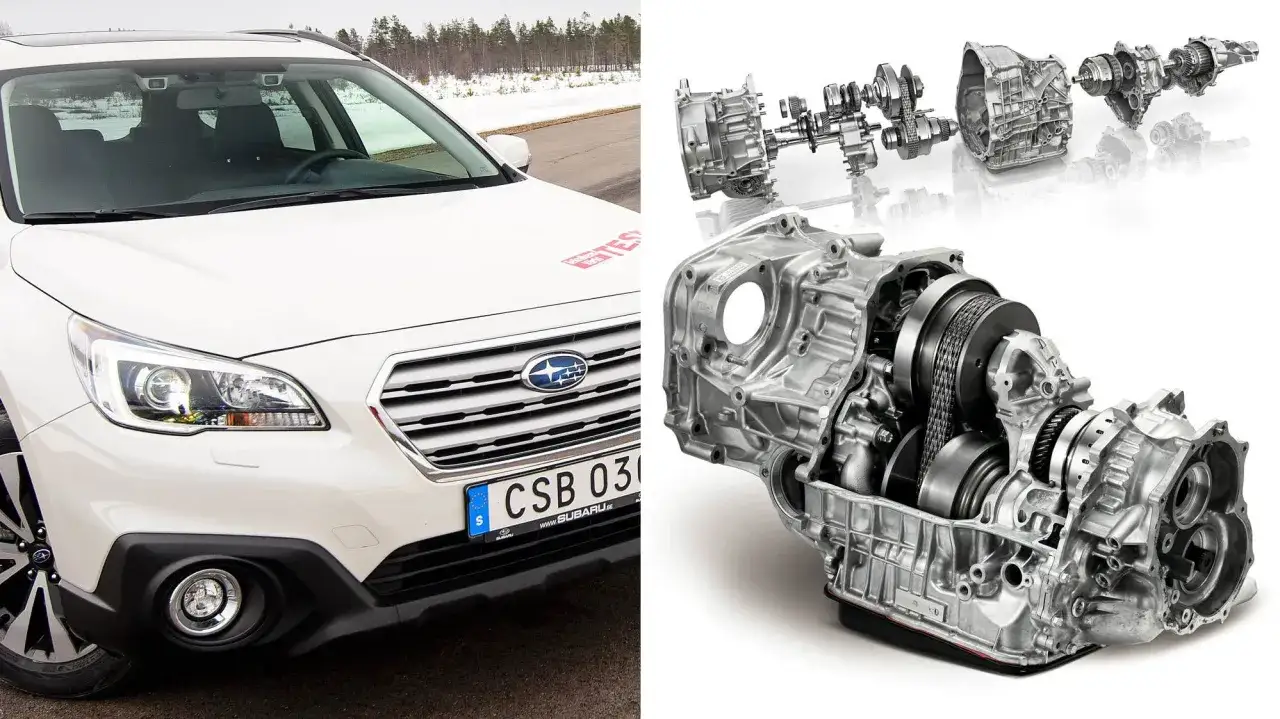 Vit Subaru Outback med en genomskuren automatl&aring;da. Kanske ett Subaru Outback problem med transmissionen?