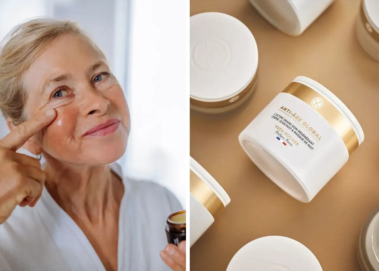 Une femme applique un soin sur sa peau mature. Des pots de cr&egrave;me anti-&acirc;ge Yves Rocher sont dispos&eacute;s autour.