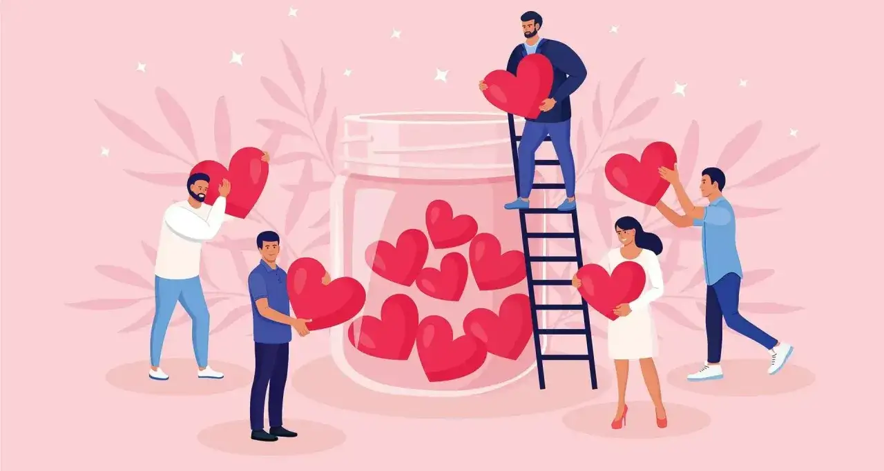 Personas añaden corazones a un frasco, mostrando diferentes maneras de amar.