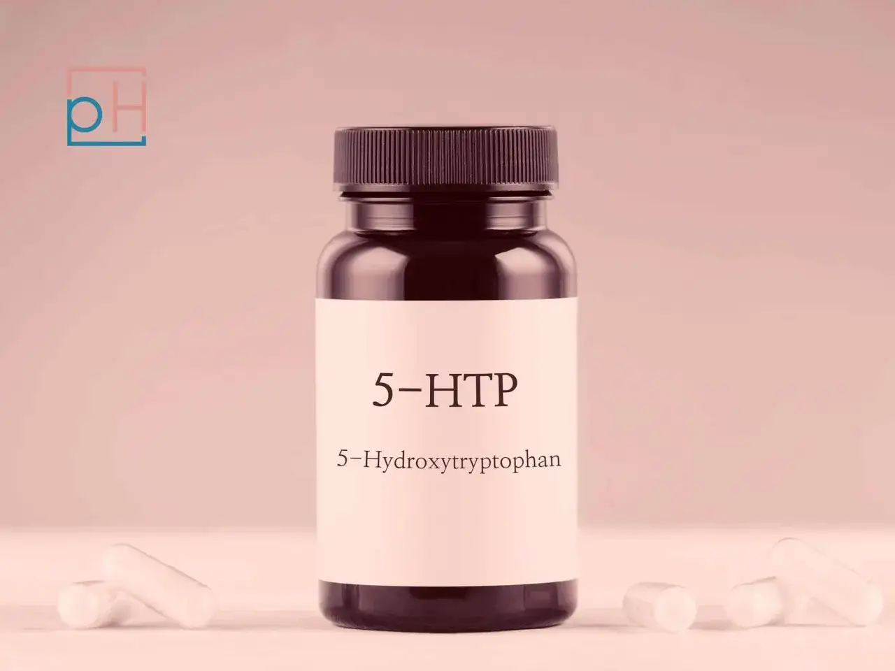 Flasche mit 5-HTP-Kapseln, die f&uuml;r Wohlbefinden und Stimmung gedacht sind.